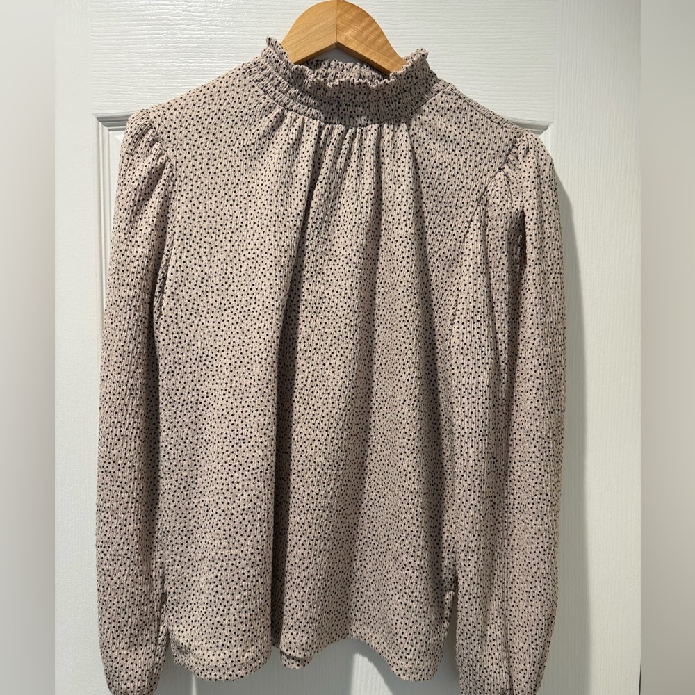 LOFT Beige Dot Smocked Neck Long Sleeve Blouse